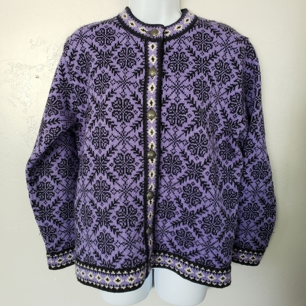 L.L. Bean Vintage Women's Medium 100% Merino Wool Purple Black Sweater Cardigan